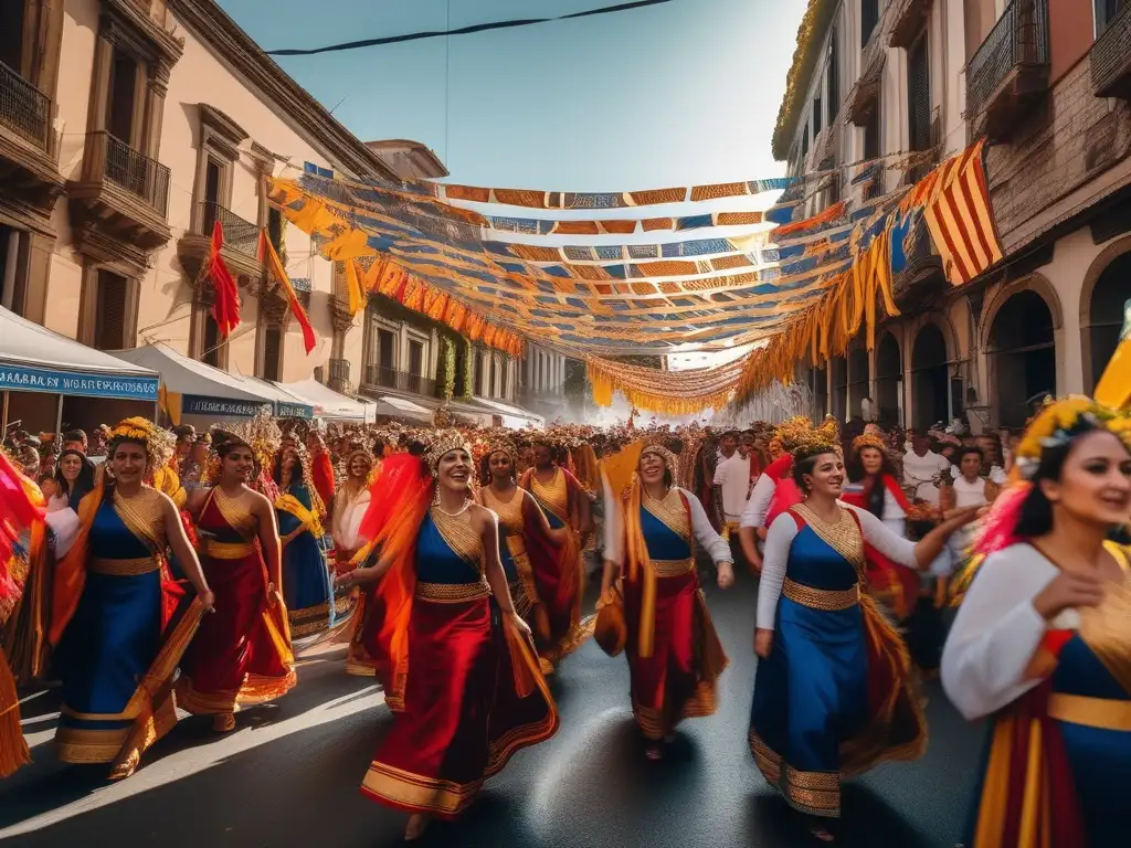 Celebración anual de las Panateneas: procesión vibrante y colorida en honor a Atenea, diosa de la sabiduría, con música, banderas y adornos florales