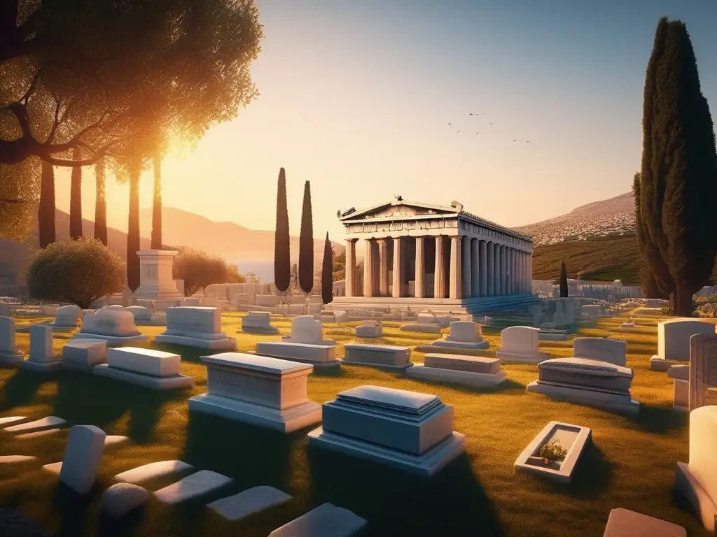 Cementerio griego con tumbas de mármol, escenas mitológicas y templo al fondo