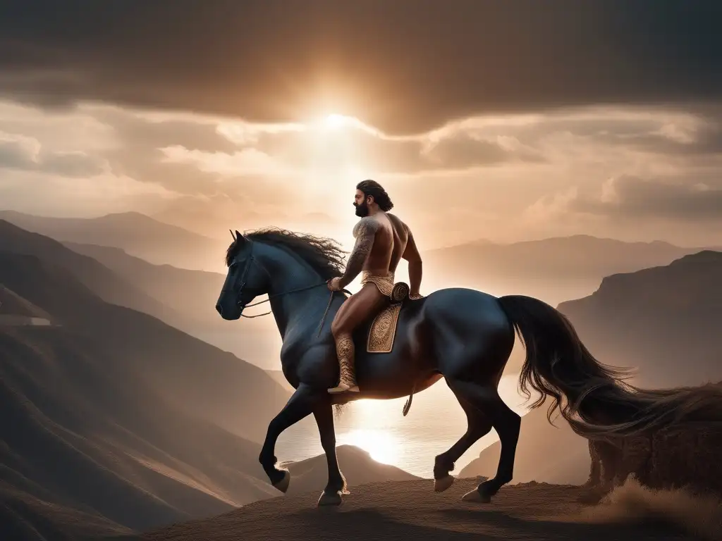 Centauros en mitología griega: imagen 8k ultradetallada de un majestuoso Centauro, fusión perfecta de hombre y caballo, con paisaje sereno