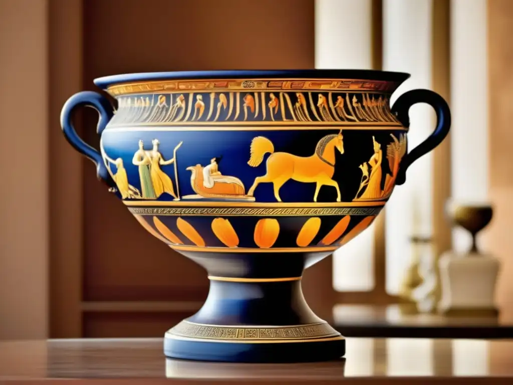 Tecnología cerámica en Grecia Antigua: Vaso griego de terracota con motivos mitológicos y colores vibrantes en pedestal