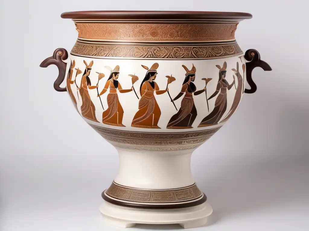 Cerámica griega: Vaso terracota con motivos mitológicos, en pedestal blanco