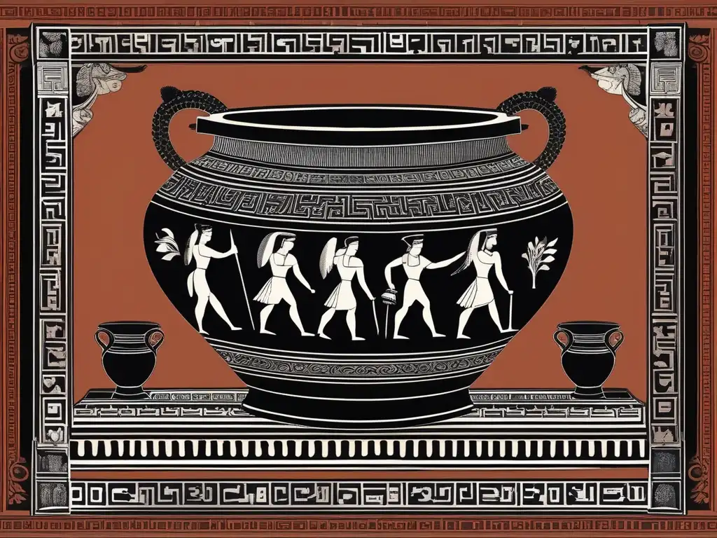 Influencia narrativa en cerámica griega: vaso griego con detallados diseños de figuras negras que representan la mitología y la vida diaria