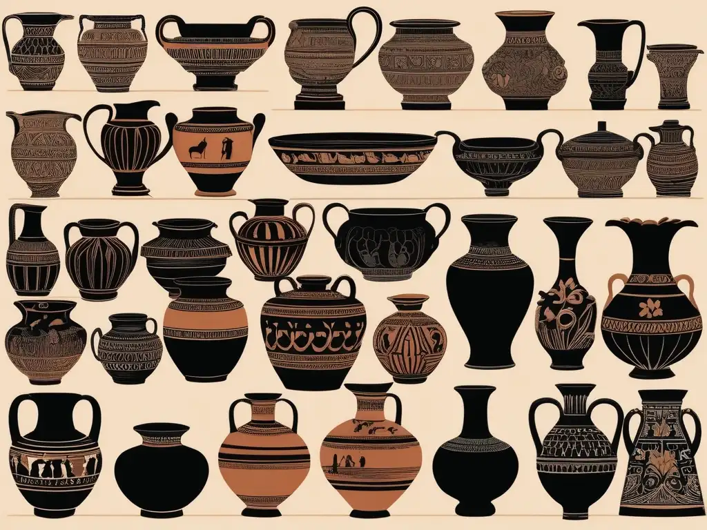 Estilos cerámica figuras antiguas Grecia: Vaso cerámico griego con detalles intrincados de figuras negras y rojas