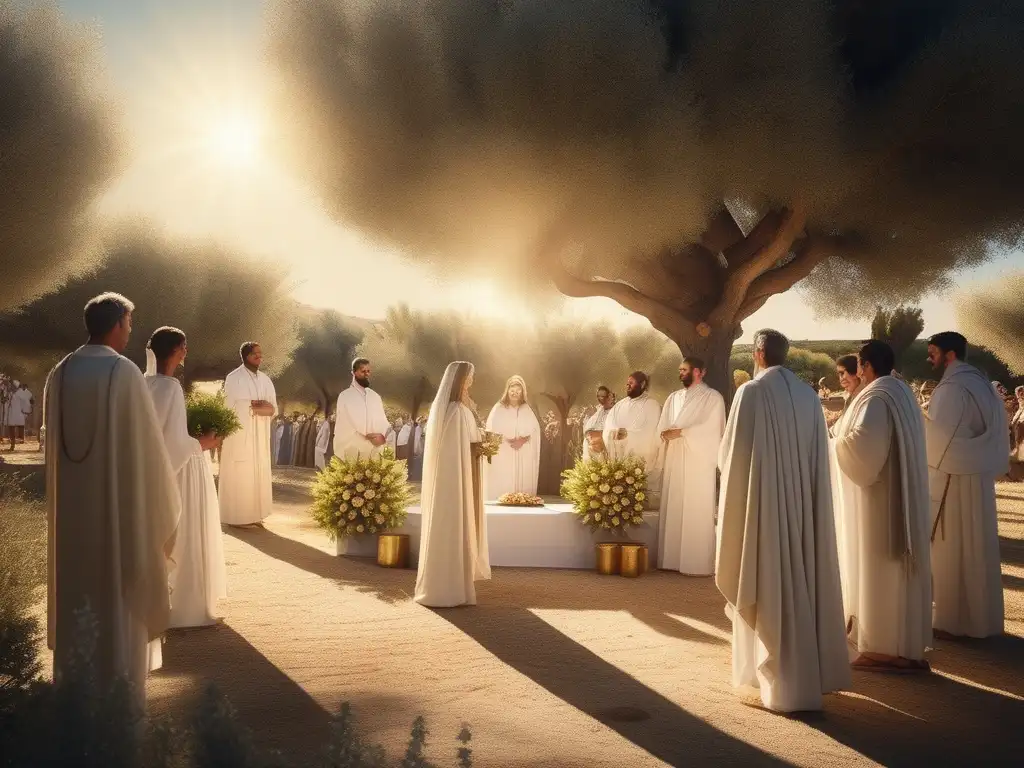 Festival religioso en cultura griega: ceremonia sagrada bajo olivos, sacerdote eleva cáliz dorado hacia el cielo, reverencia y asombro