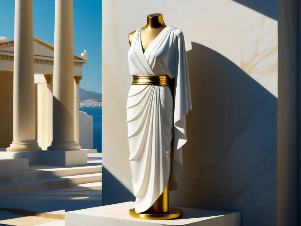 Moda antigua Grecia: chiton blanco con adornos dorados en patio soleado