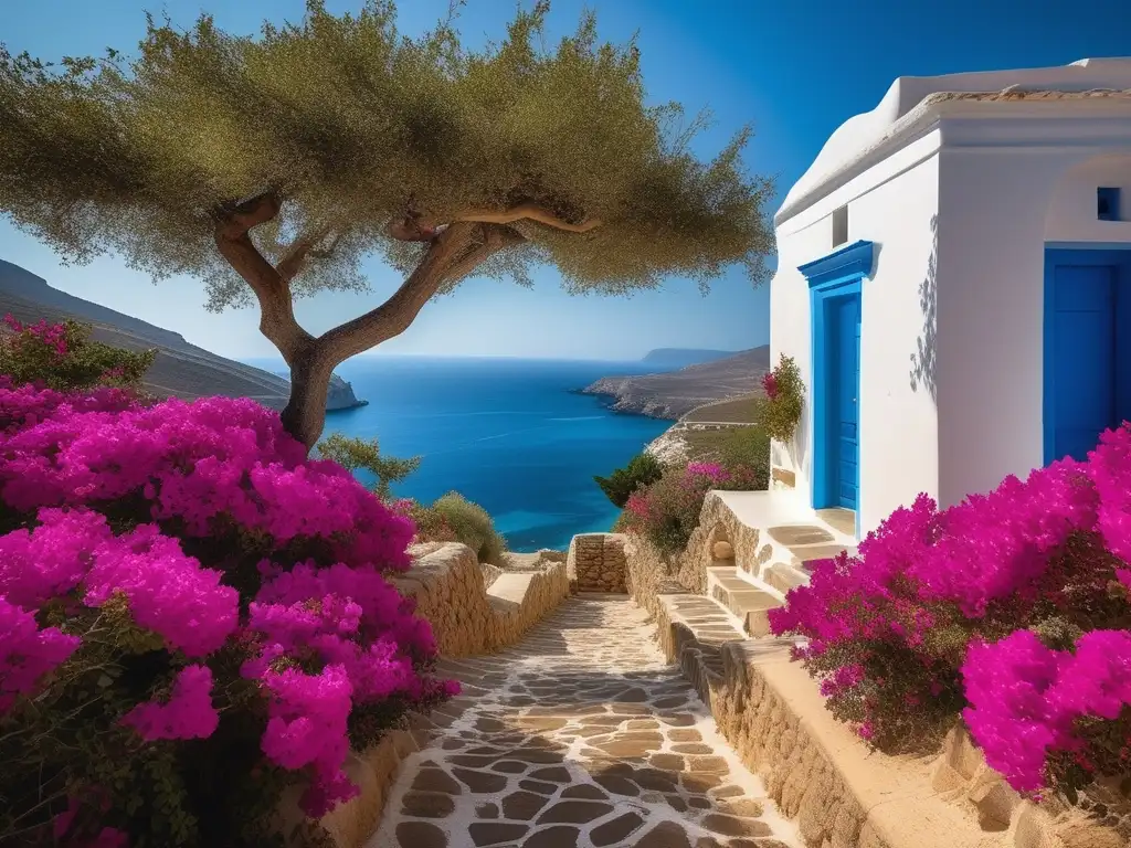 Secretos Cícladas: playa dorada, casas blancas con cúpulas azules, paisaje encantador, flores bougainvillea, olivos retorcidos