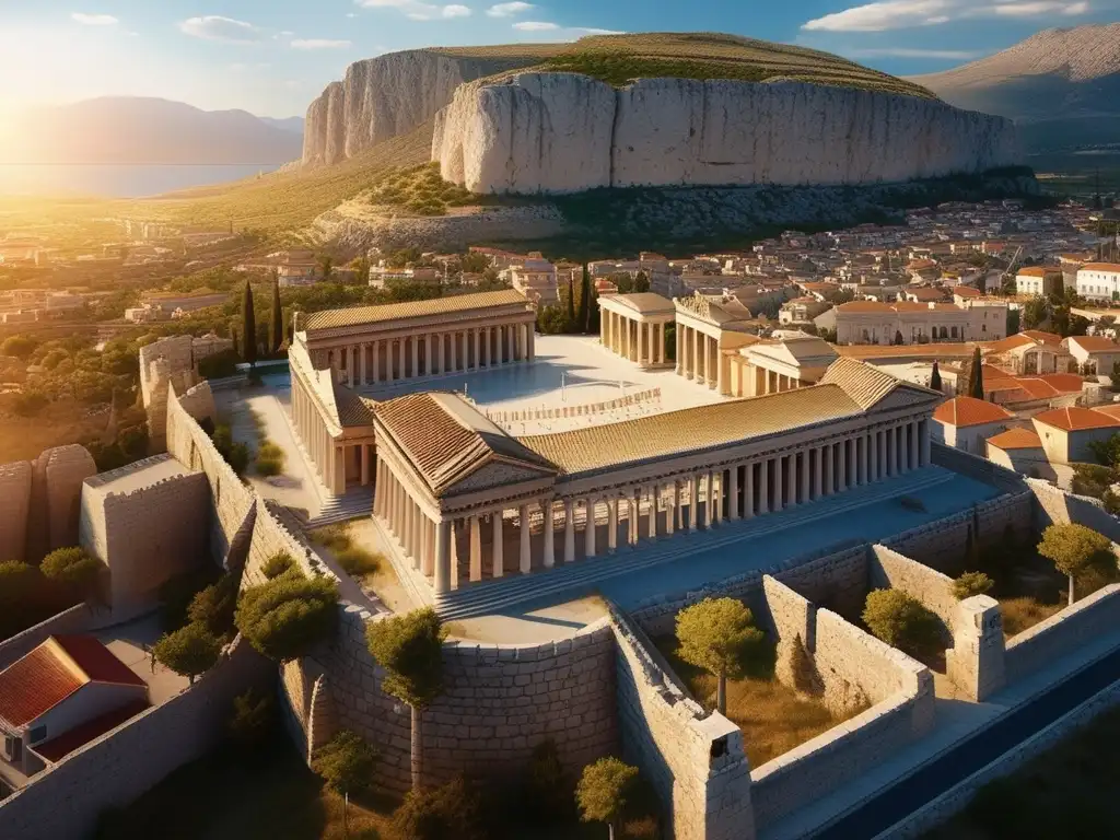 Vista aérea impresionante de la antigua ciudad-estado de Corinto con montañas, mar y murallas de piedra