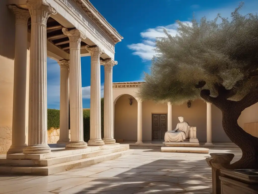 Explorando aforismos sabios de la Antigua Grecia en un sereno patio griego con columnas de mármol y cielo azul vibrante