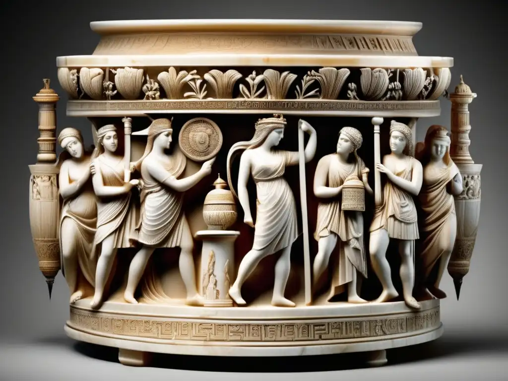 Clepsidra en la Antigua Grecia - Reloj de agua griego tallado en mármol con detalles mitológicos, elegante y sofisticado