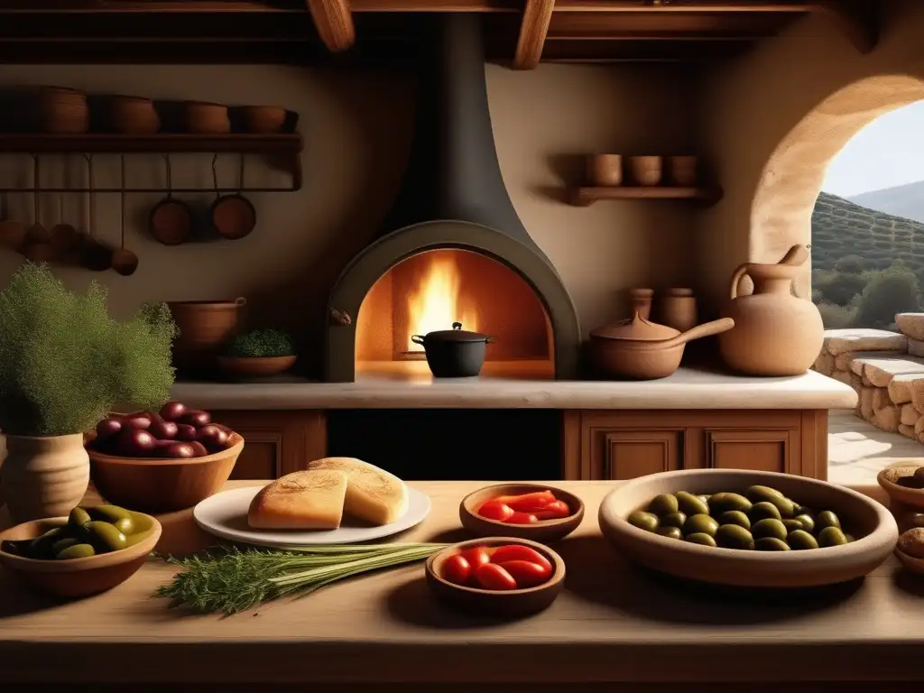 Técnicas culinarias en la Antigua Grecia: escena realista de una cocina griega tradicional, con horno de piedra y chef preparando una deliciosa receta