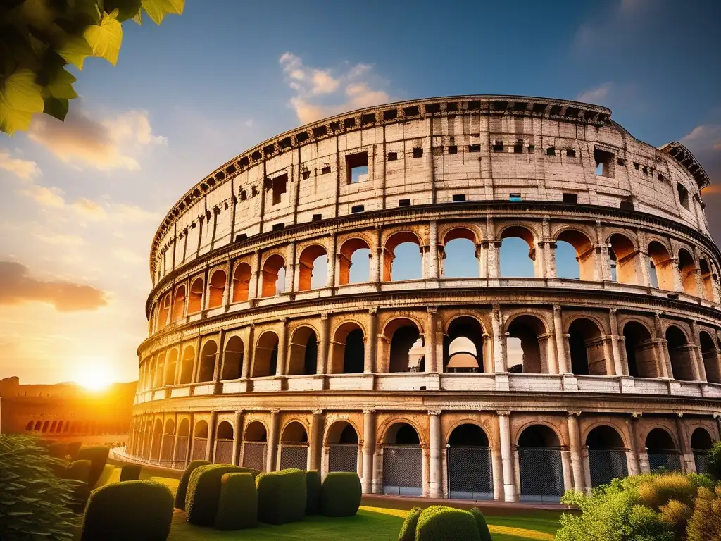 Coliseo romano al atardecer, muestra la grandeza del Imperio Romano y su influencia en Grecia