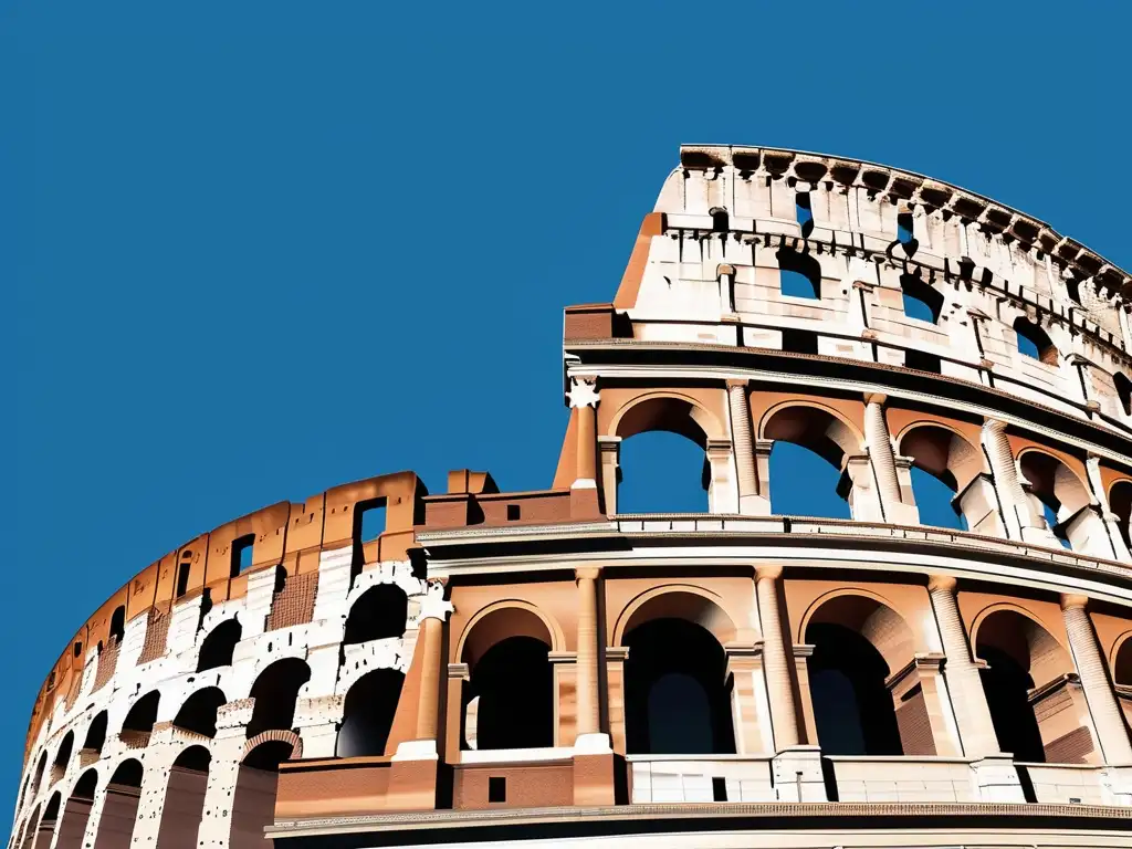 Influencia de la Antigua Grecia en Roma: Imagen del majestuoso Coliseo romano, detallado y contrastando con el cielo azul