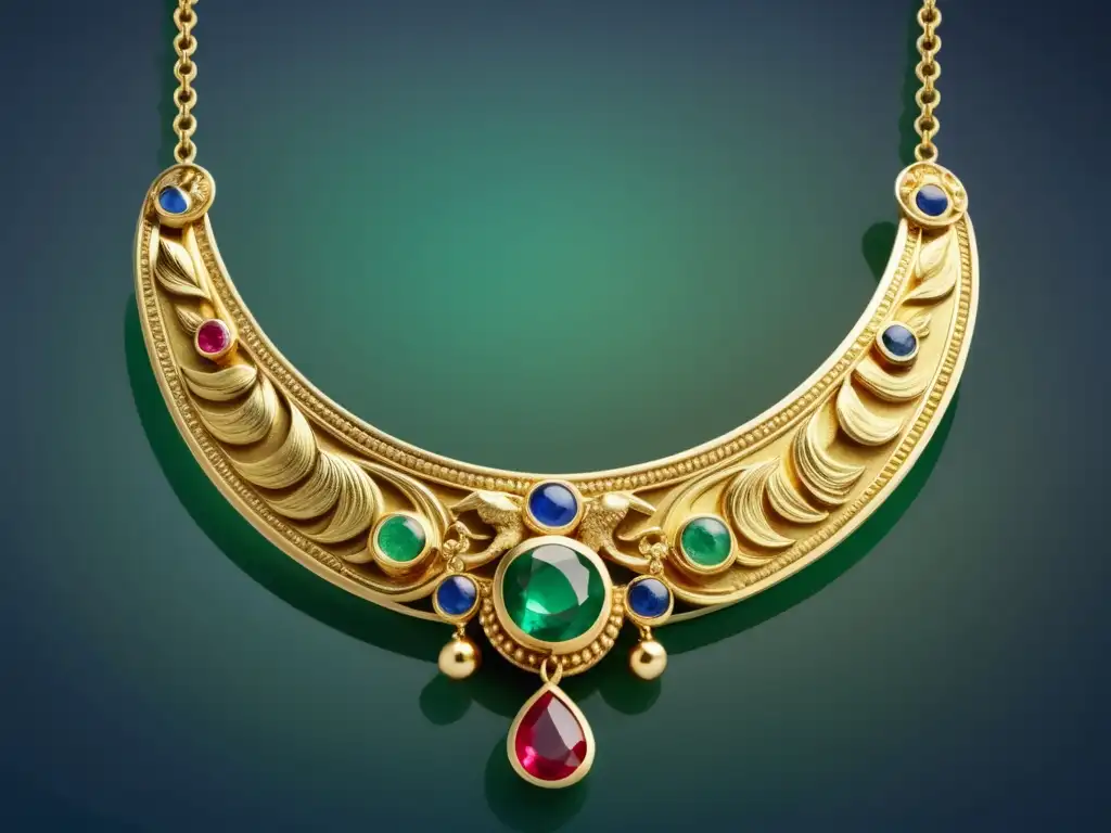 Joyería antigua Grecia: Collar oro con grabados mitológicos y gemas brillantes