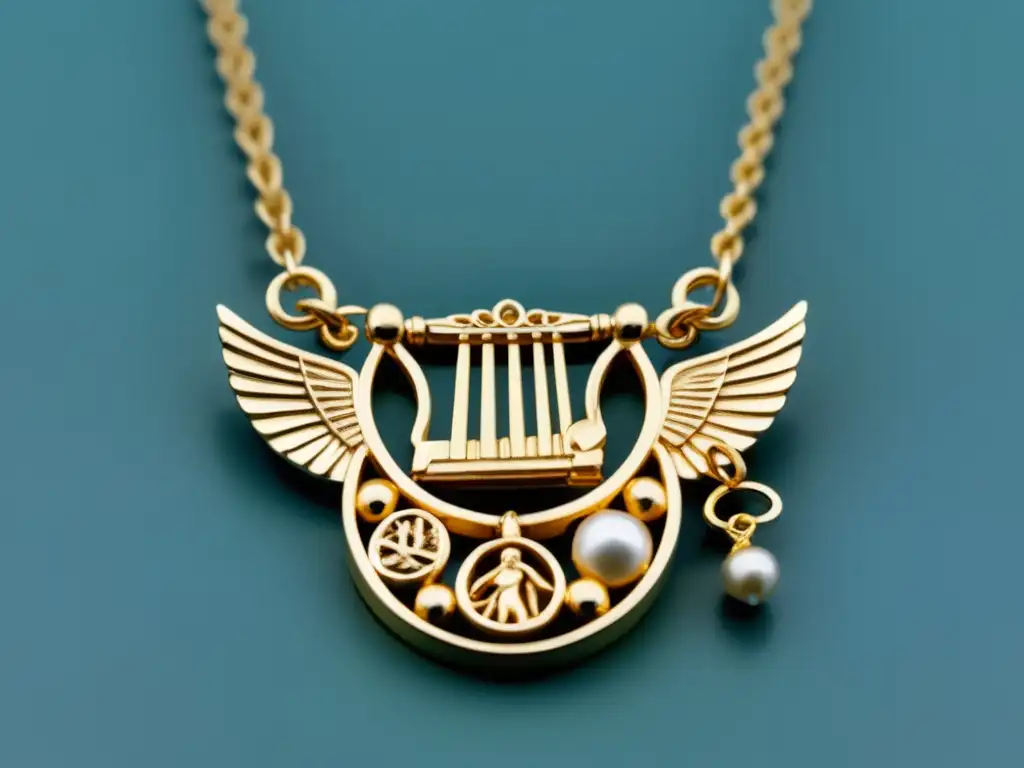 Collar dorado con dijes inspirados en la mitología griega, representando a Apollo, Artemis, Hermes