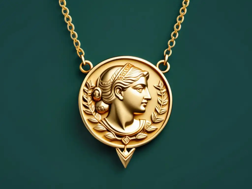 Un collar dorado con símbolos mitológicos griegos, representando la belleza y significado de las joyas en la mitología