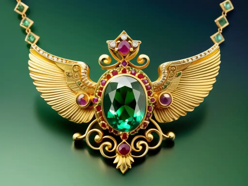 Joyería antigua Grecia legado brillante - Collar de oro con filigrana, gemas preciosas y un colgante de criatura mítica