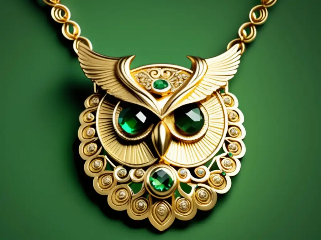 Joyería antigua Grecia legado brillante: collar oro exquisito con búho estilizado, ojos esmeraldas, alas filigrana, gemas colgantes