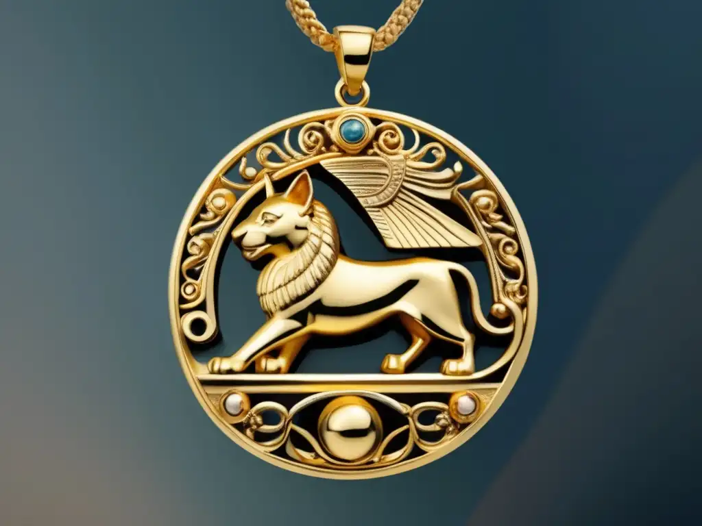 Un collar dorado con diseños animales inspirados en la mitología griega, con un colgante de esfinge y minotauro, detallado y elegante