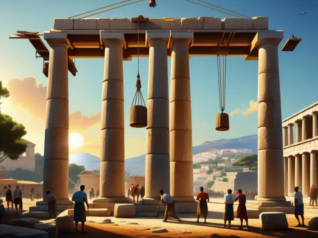 Herramientas construcción Antigua Grecia: imagen columna piedra levantada por grúa, trabajadores guiando con precisión