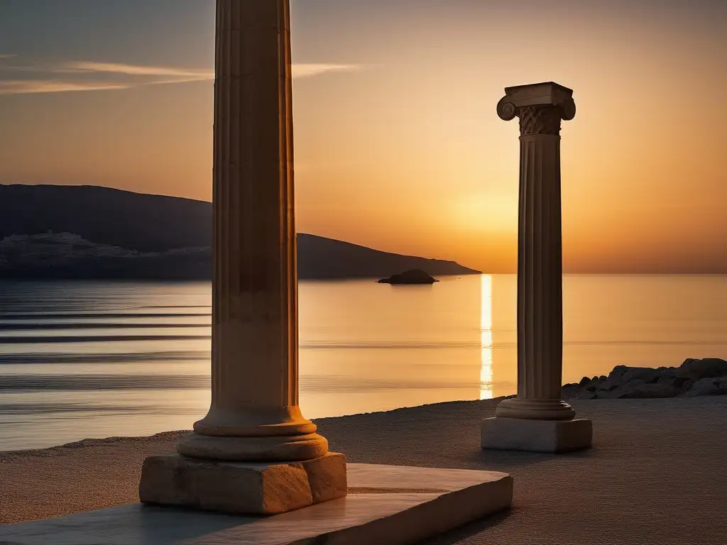 Importancia de las colonias griegas: Paisaje costero griego sereno al atardecer, columna antigua solitaria y mar tranquilo reflejan su legado