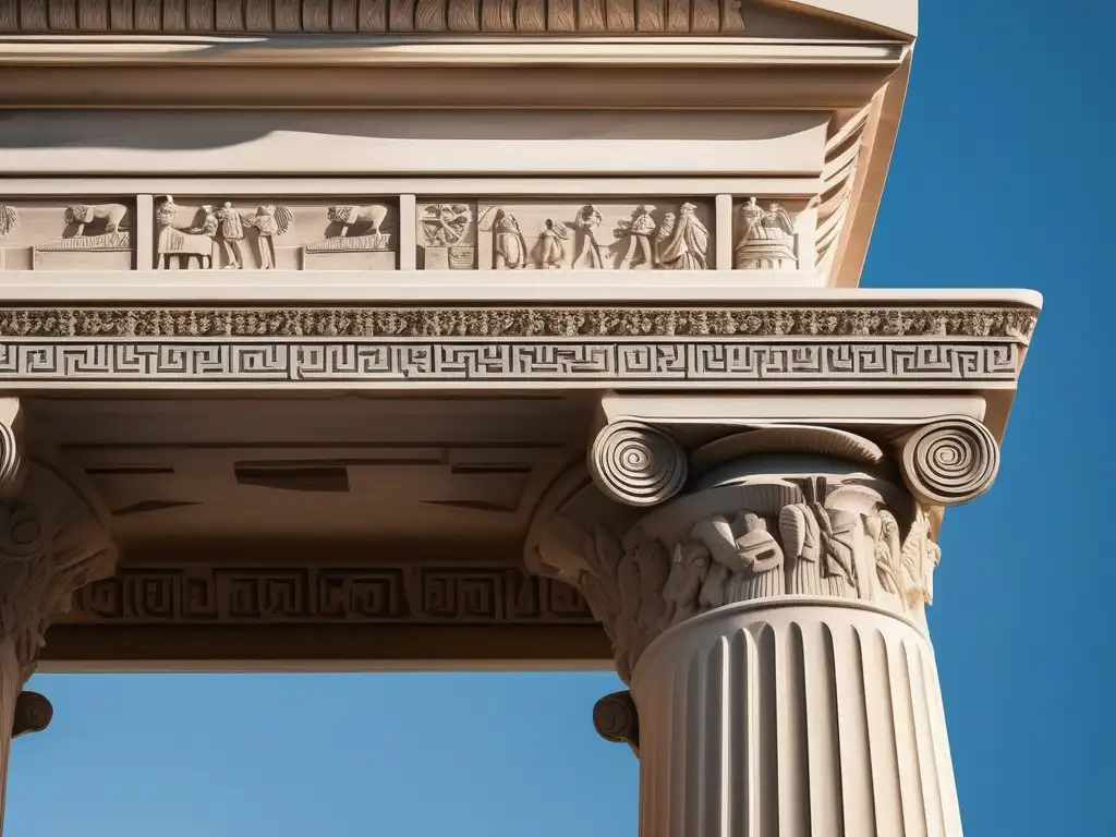 Columna griega antigua con carvings y símbolos detallados