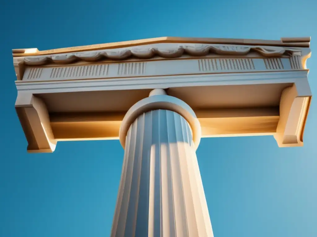 Herramientas construcción antigua Grecia: Columna griega meticulosamente tallada, iluminada por el sol, resaltando su elegancia