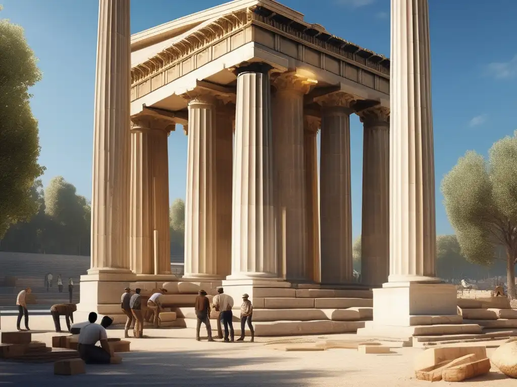 Beneficios de poleas en arquitectura griega: laborers levantan columnas exquisitamente talladas con sistema eficaz de poleas