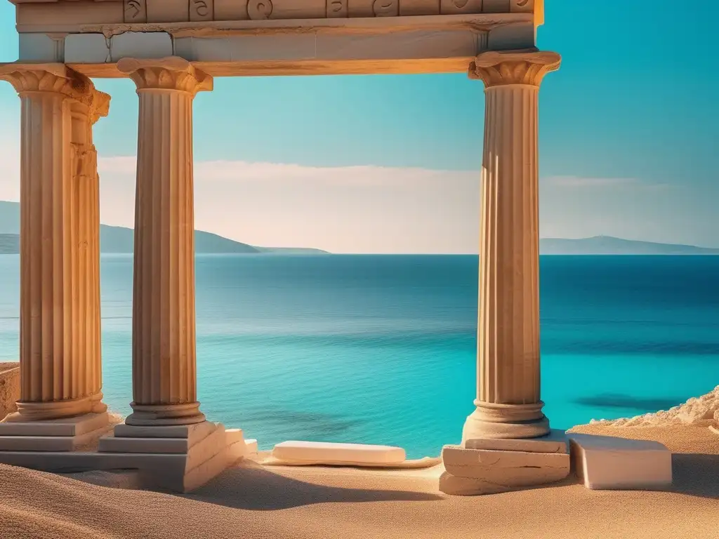 Influencia de la Antigua Grecia en colonias mediterráneas: imagen 8k con columna griega, costa tranquila y cielo pastel