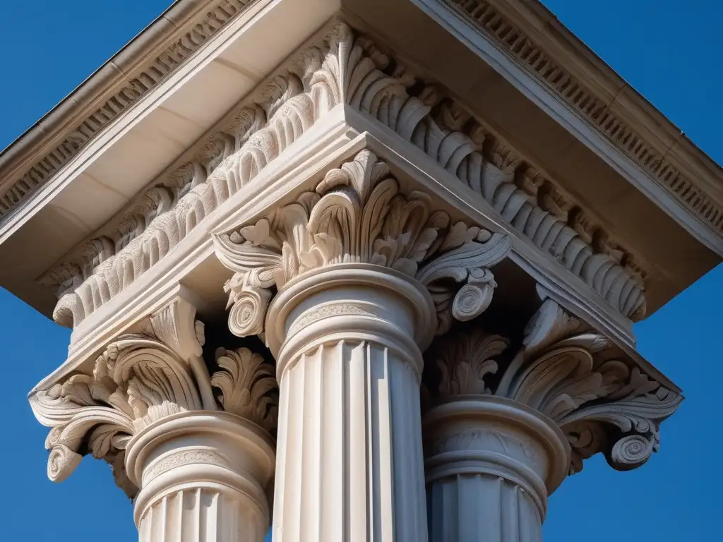 Influencia cultural corintia en Roma: columna romana con elegantes capitales corintias, detalles meticulosos y texturas ricas