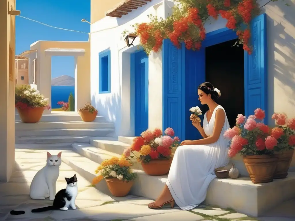 Convivencia animales domésticos Grecia: Mujer griega acaricia a su gato blanco en un patio griego con un perro fiel a sus pies