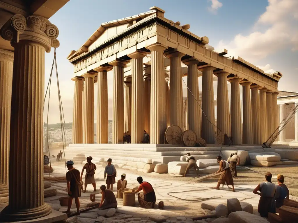 Herramientas de construcción en la antigua Grecia: escena impresionante de trabajadores levantando una columna con poleas y cuerdas