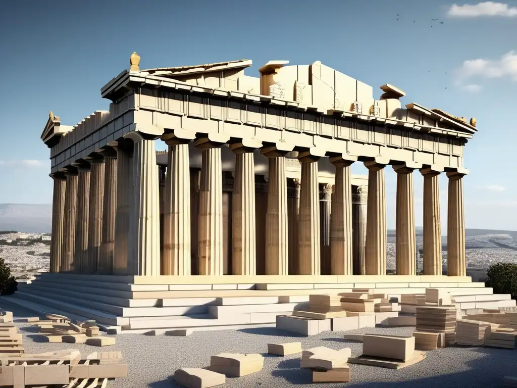 Detalle ultrarrealista del Parthenon en construcción en el siglo V a