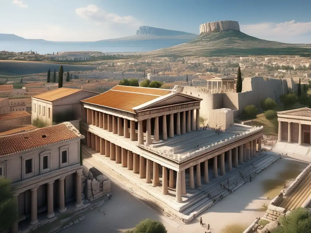 Ciudad de Corinto en la Antigua Grecia: vista panorámica de la ciudad durante el periodo arcaico, con su acrópolis imponente y actividad bulliciosa