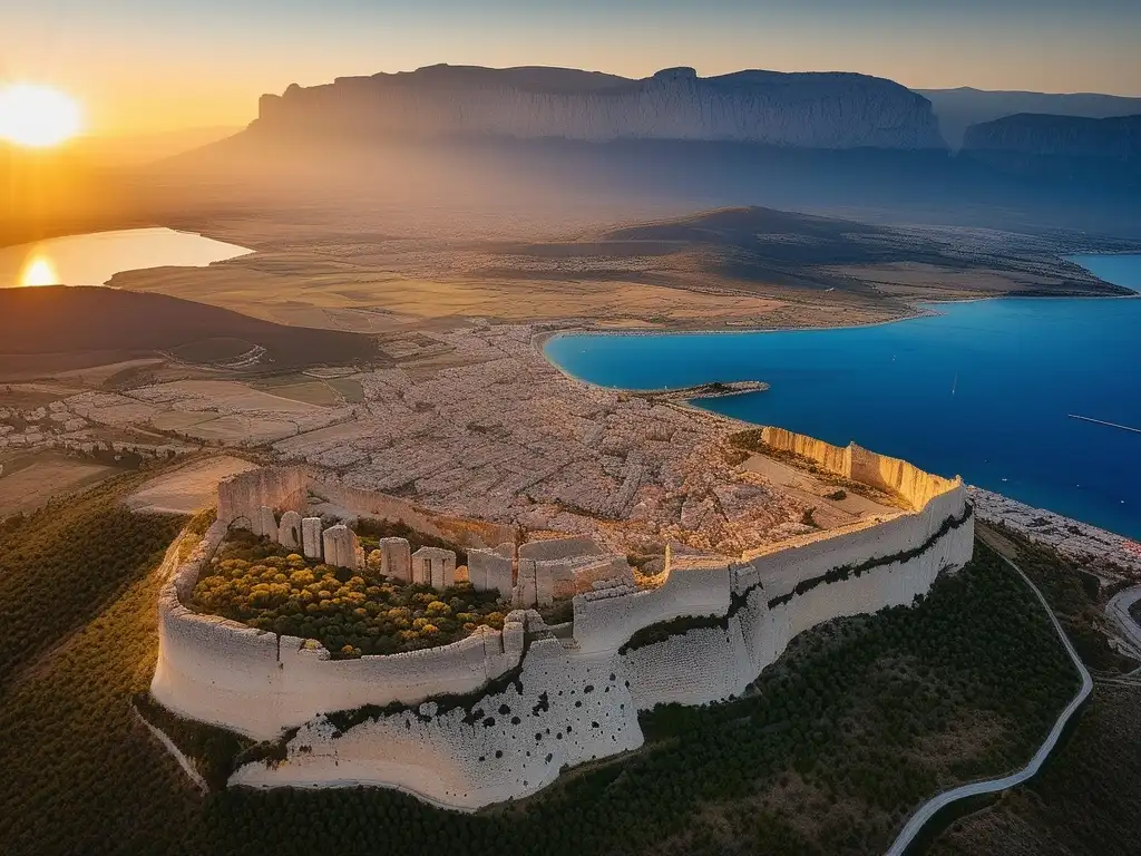 Vista aérea de la antigua ciudad de Corinto, destacando alianza y rivalidad con Esparta en la Antigua Grecia