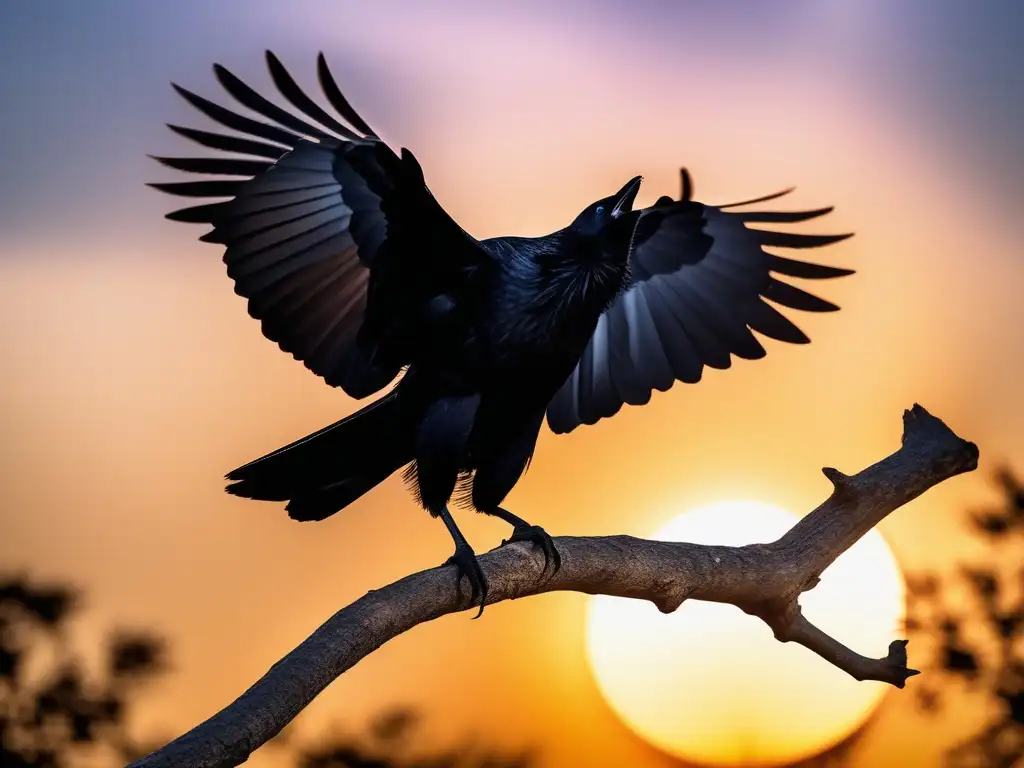 Un majestuoso cuervo negro con las alas extendidas en un atardecer dorado