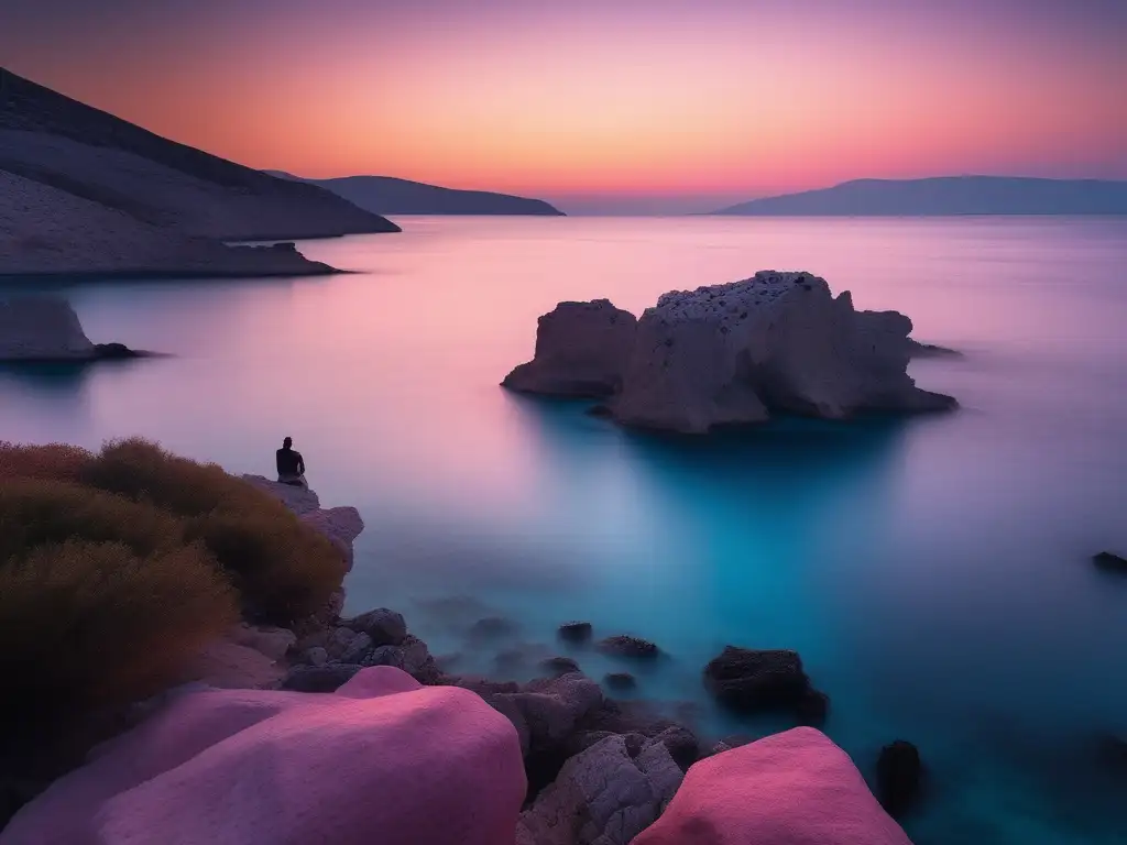 Hermosa costa griega al atardecer, con agua cristalina y figura solitaria