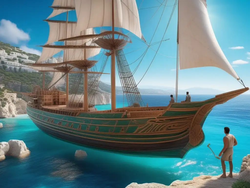 Construcción barcos Antigua Grecia: artesano talla barco madera, costa turquesa, detalles realistas, luz y sombra