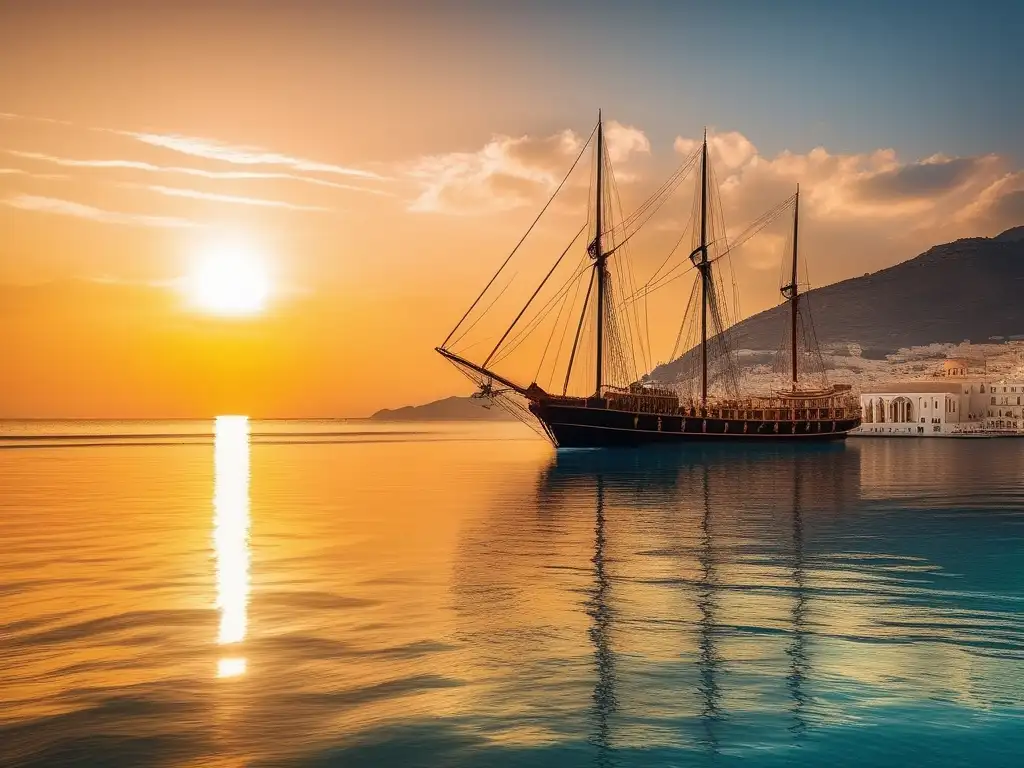 Costa mediterránea al atardecer, barco griego y cultura antigua, consecuencias de la caída de Grecia