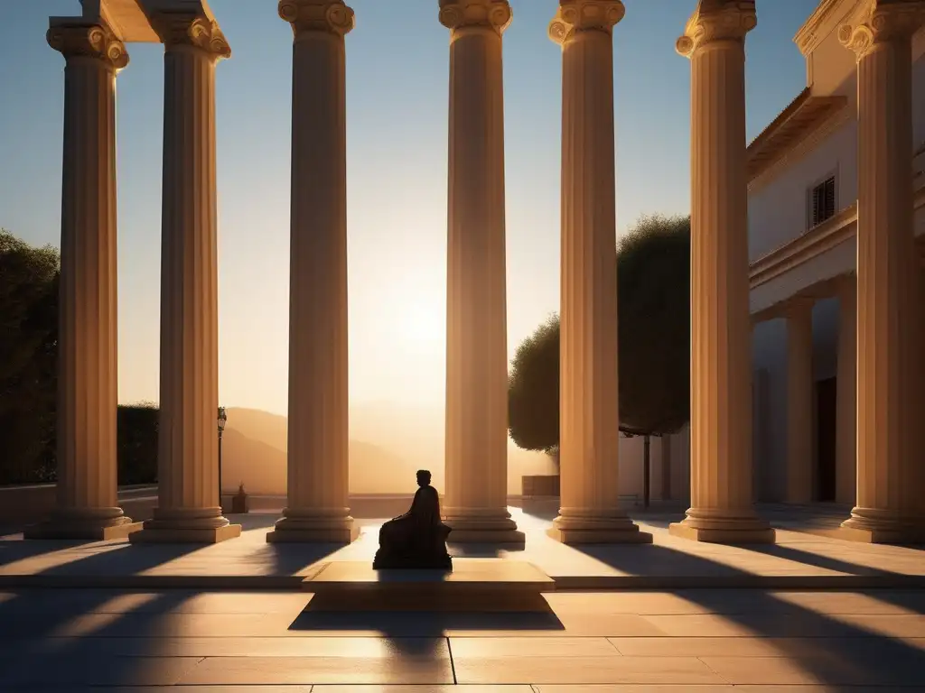 Patio Griego antiguo con estatua, columnas y luz dorada: Hedonismo radical en la Antigua Grecia