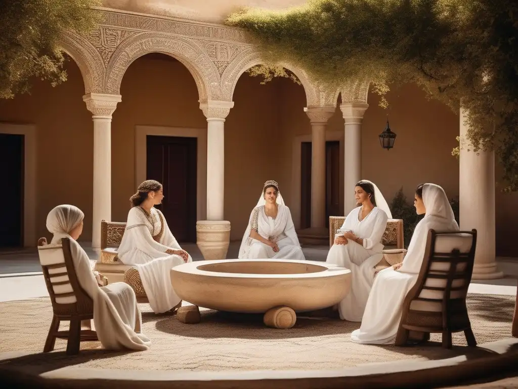 Patio griego con comadronas y silla de parto Rituales de nacimiento en la Antigua Grecia con comadronas y hermosa decoración floral y piedra tallada