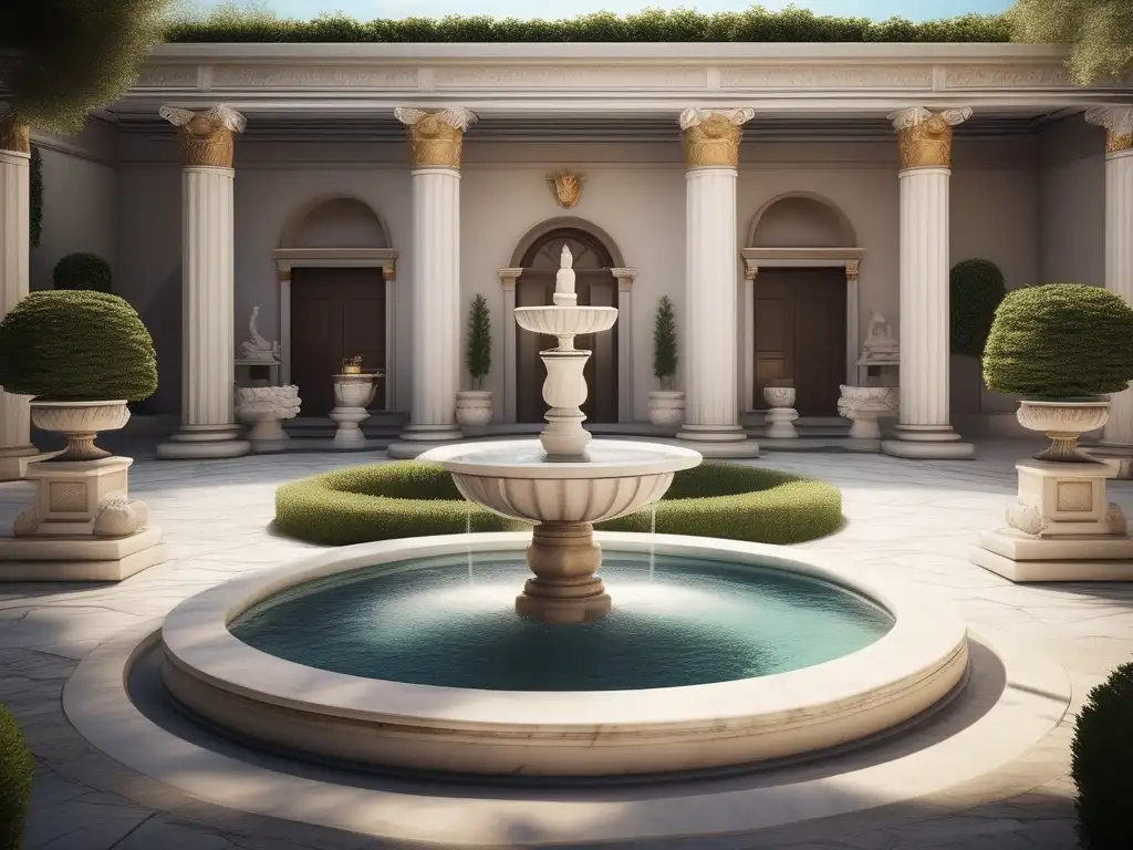 Concepto de familia en la antigua Grecia: sereno patio griego con columnas de mármol blanco, esculturas y una fuente en un día soleado