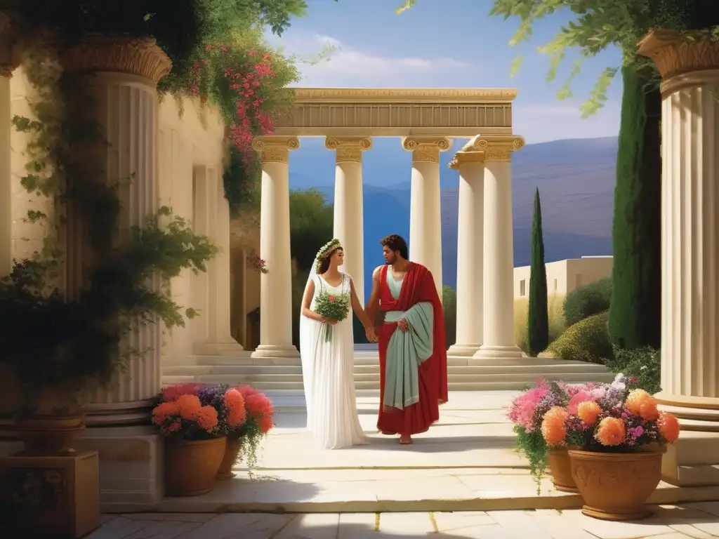 Pareja griega en un encantador patio, simbolizando amor y matrimonio en la Antigua Grecia