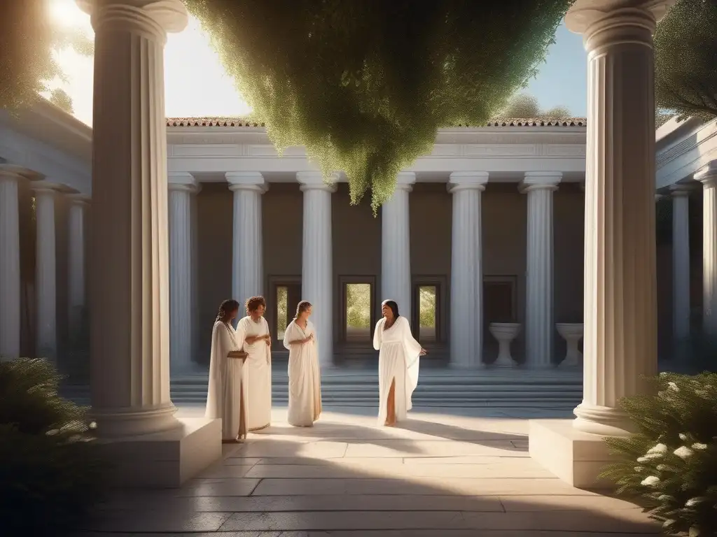 Mujeres filósofas en Grecia clásica debatiendo en un sereno patio griego con columnas y vegetación exuberante