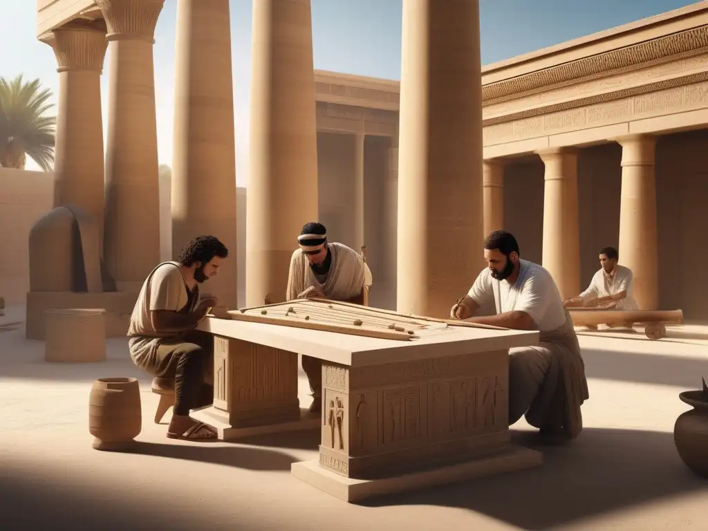 Herramientas de construcción en la antigua Grecia: Adaptación de técnicas y herramientas egipcias en una imagen minimalista y realista