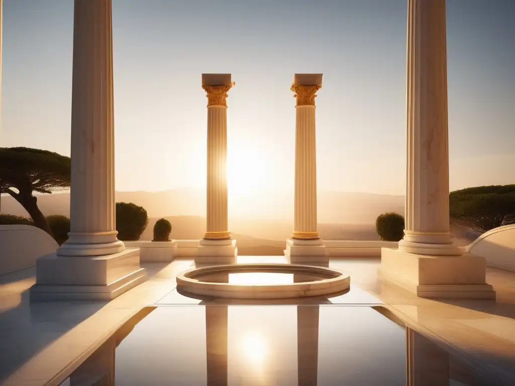 Influencia espejos ciencia arte Antigua Grecia: Courtyard mármol griego, estatuas dioses, espejo refleja conocimiento y legado atemporal