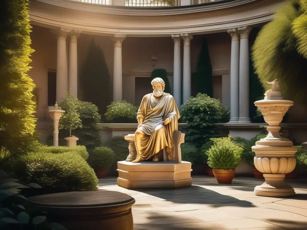 Influencia estoicismo romano: Imagen detallada de un sereno patio romano con estatua de Séneca rodeada de vegetación y el Coliseo al fondo