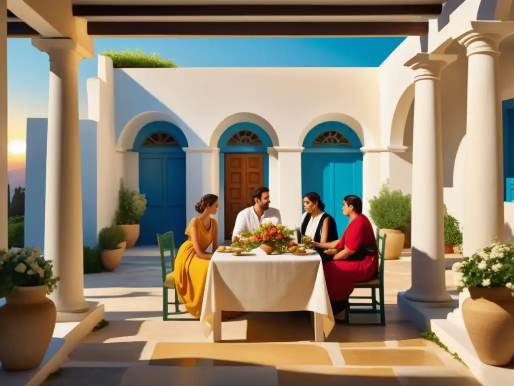 Tradiciones festivas familiares en la Antigua Grecia: Courtyard griego con familia disfrutando de comida y cultura (110 caracteres)