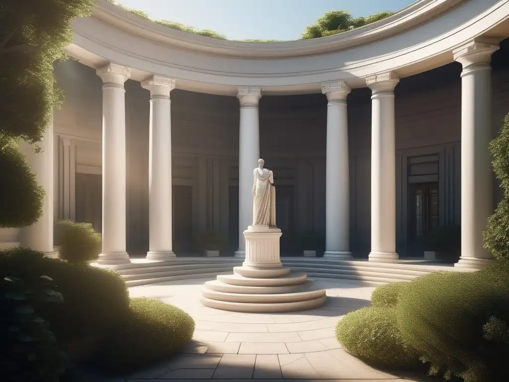 Mujeres filósofas en Grecia clásica: Courtyard greciano con estatua y vegetación