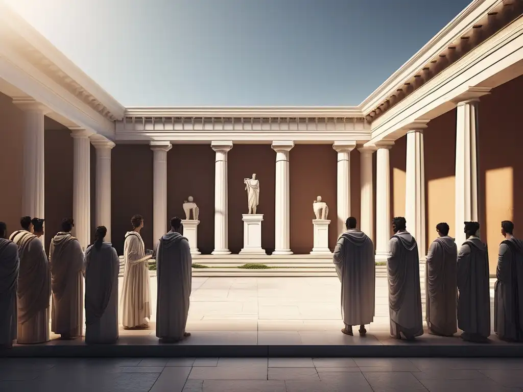 Influencia educativa de la Antigua Grecia en un sereno patio con columnas de mármol, estatuas y estudiantes escuchando a un sabio profesor