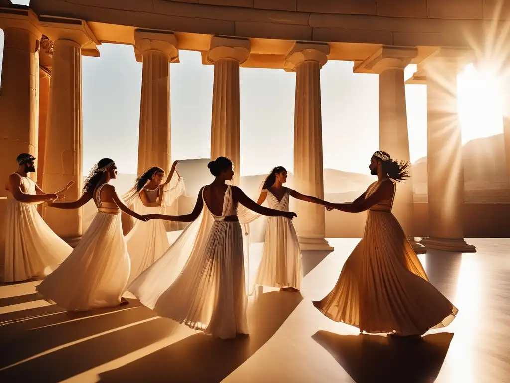 Importancia danza y música en Antigua Grecia: foto realista captura esencia, baile fluido y música tradicional, espectadores admirando